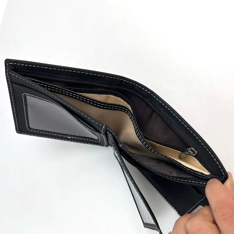 Black men's wallet with animal pattern, zipper closure, and multiple card slots made from PU leather