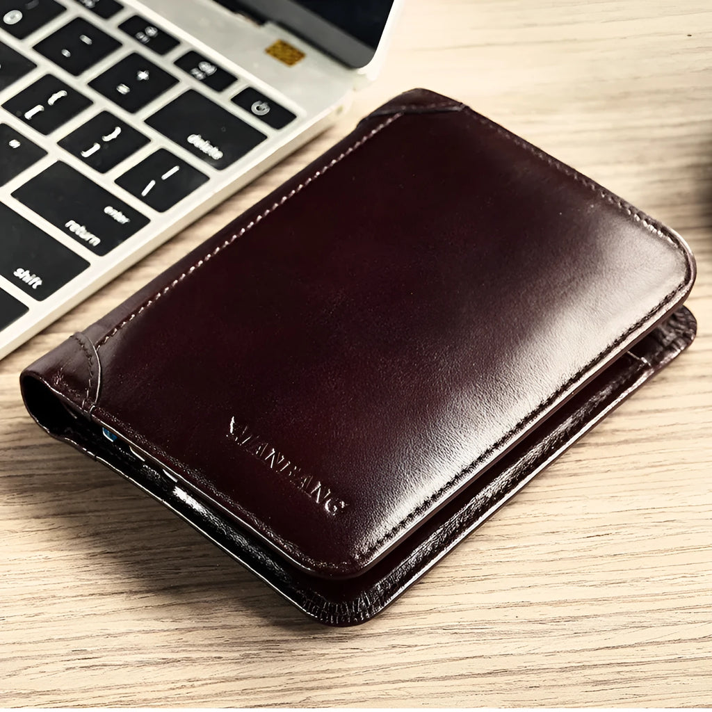 Men's leather wallet showing internal compartments including photo window, card slots and coin pouch