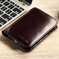 Men's leather wallet showing internal compartments including photo window, card slots and coin pouch