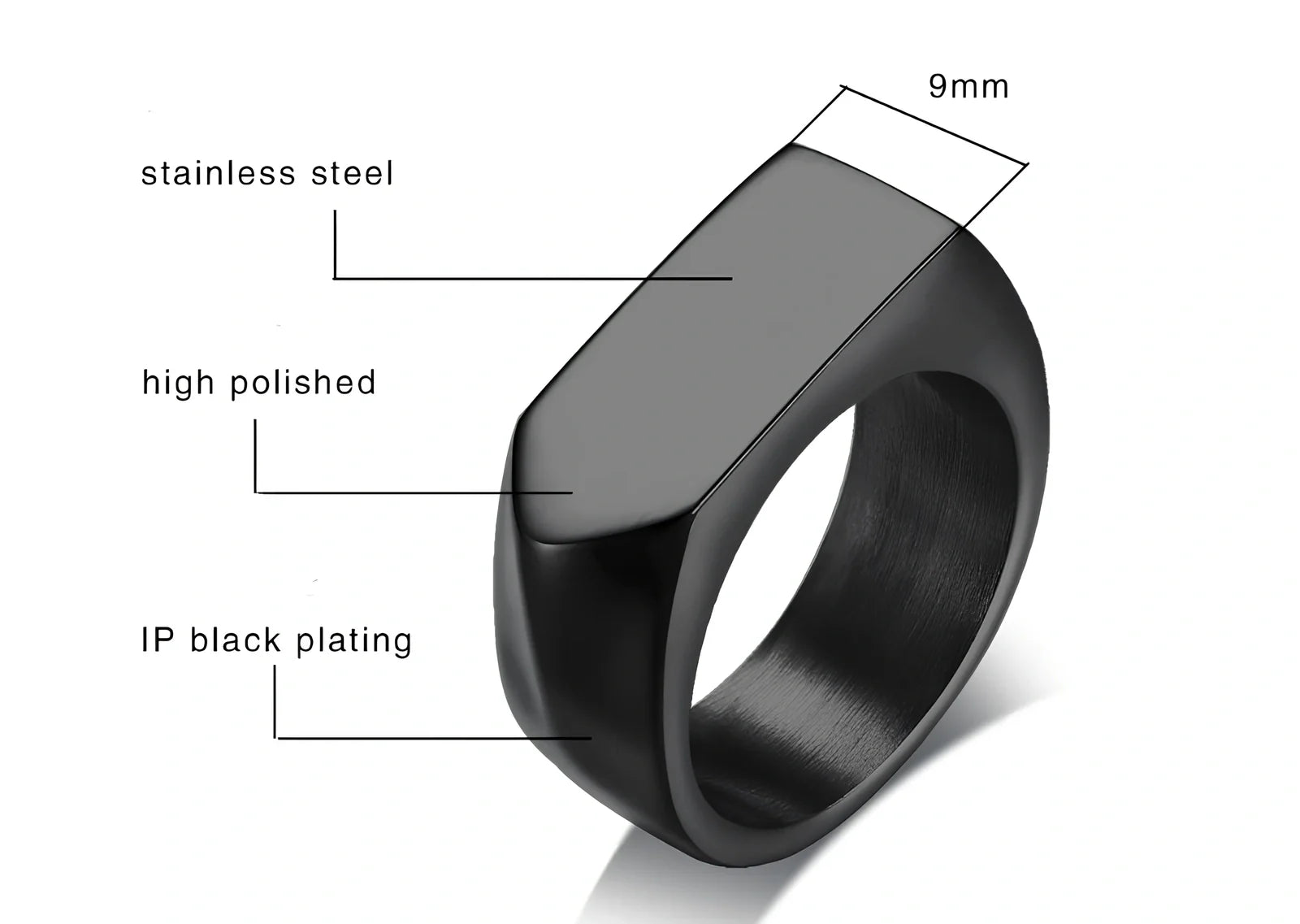 Men's black square punk ring in stainless steel, 9mm width, IP plated for durability, size US 10 shown