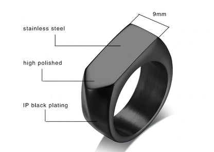 Men's black square punk ring in stainless steel, 9mm width, IP plated for durability, size US 10 shown