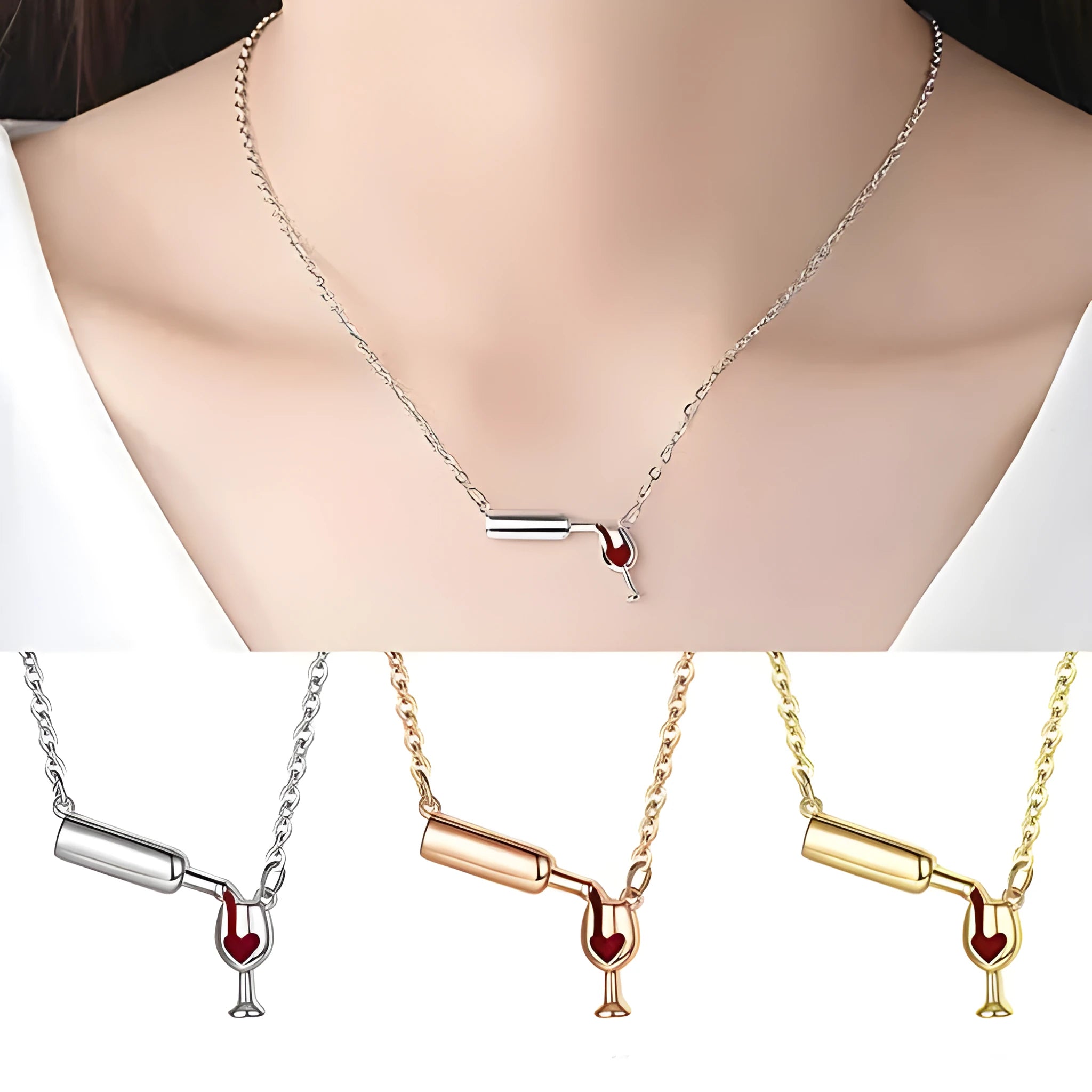 Gold alloy wine bottle and glass pendant necklace on a light background