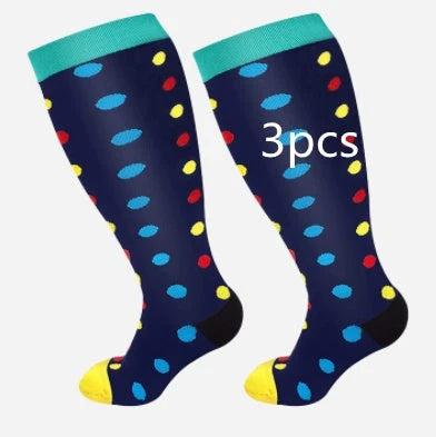 Plus-size compression socks in various stylish patterns for improved leg health and comfort