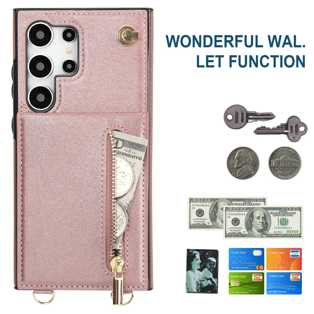 Samsung leather card holder crossbody phone case with zipper bracket in multiple colour options