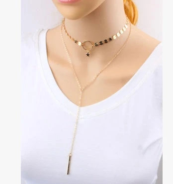 Star Goddess Duo Layering Choker Necklace in gold and silver