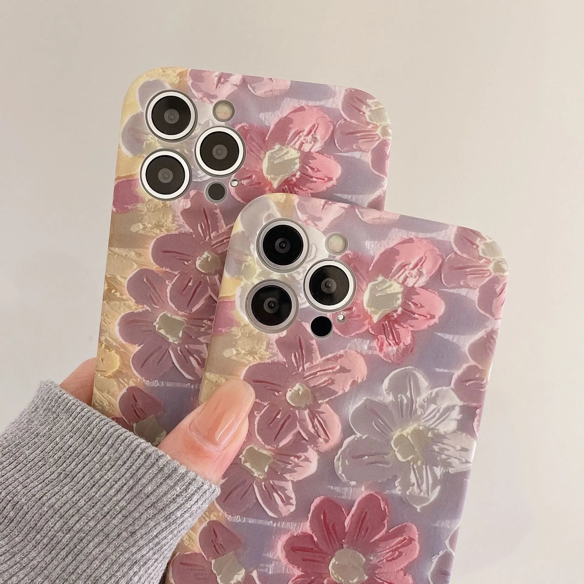 Silicone phone case with oil painting pink flower design for iPhone models, rear cover type