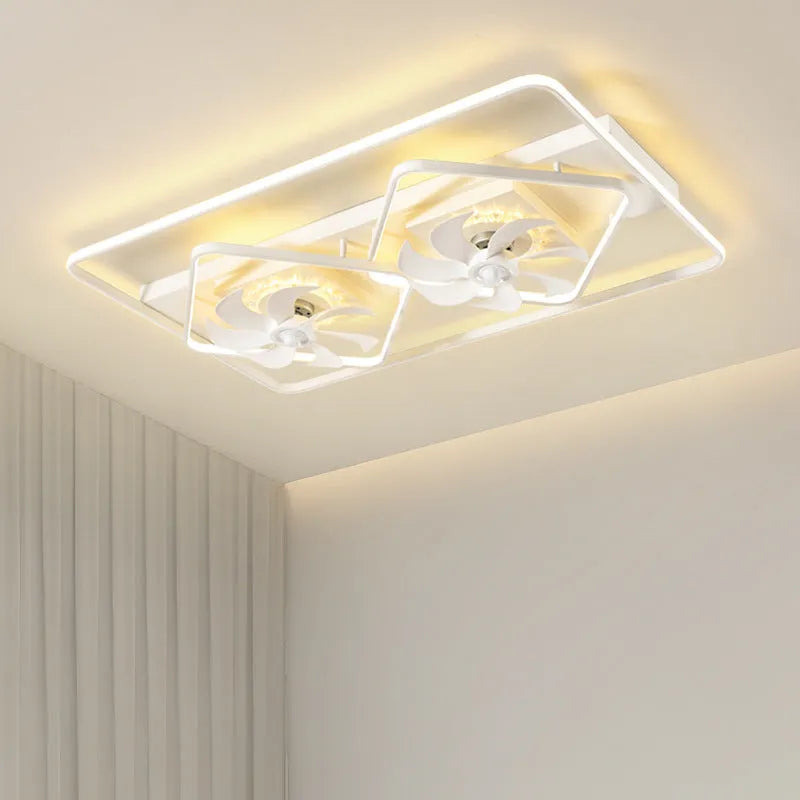 White modern ceiling fan with integrated light and remote control for living room or bedroom