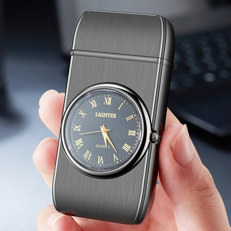Multifunctional metal electronic watch and gas lighter with LED lamp shown in various colour finishes.