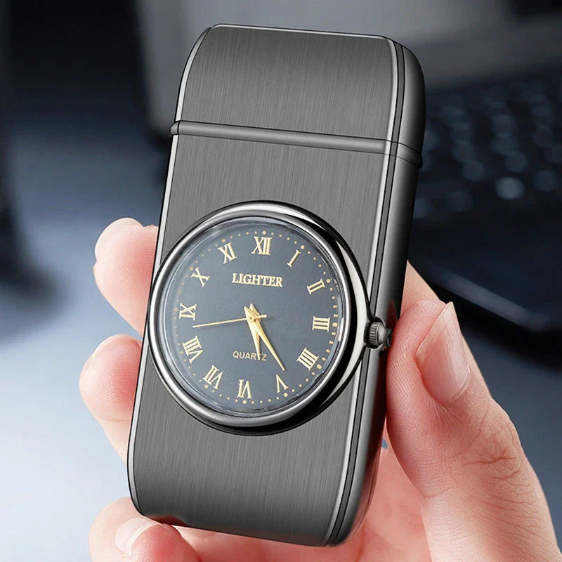 Multifunctional electronic lighter and watch combo with brushed metal design and LED display