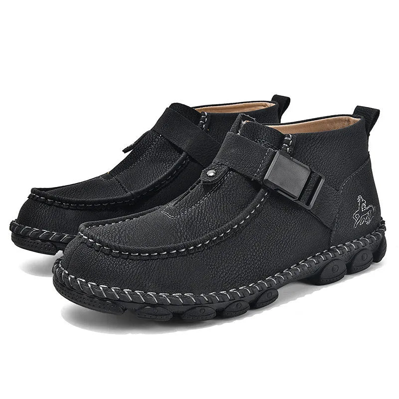 Handmade casual slip-on shoes in synthetic leather with flat bottom and sewing sole construction
