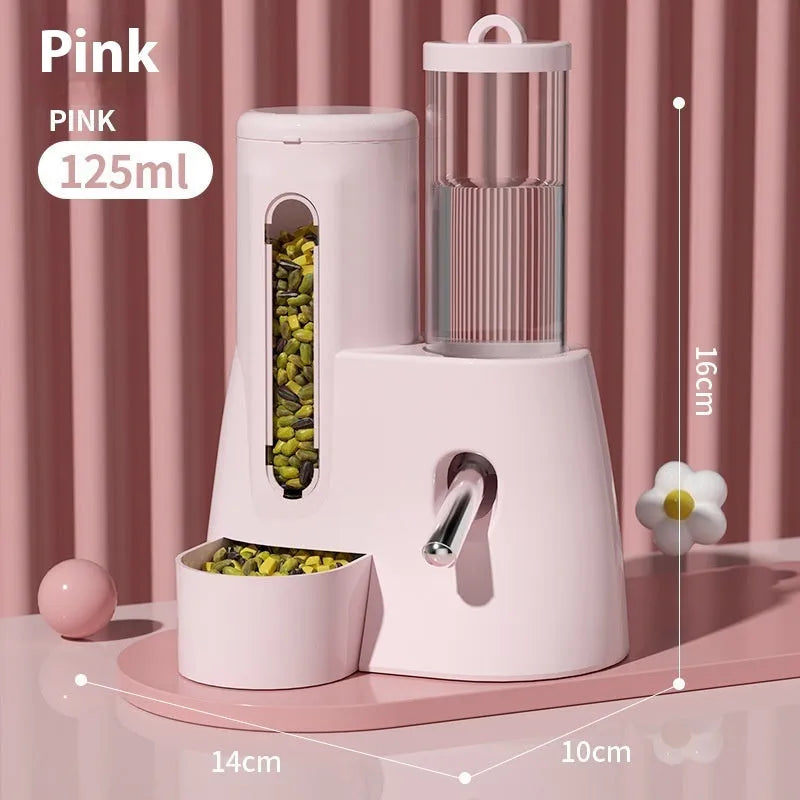 White automatic drinking water feeder and food bowl for a Djungarian hamster in a cage.