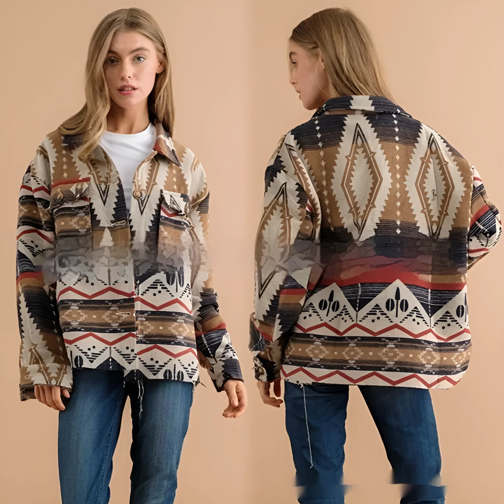 Women's loose-fit retro jacket with Aztec print in Army Green, made from wool blend fabric.