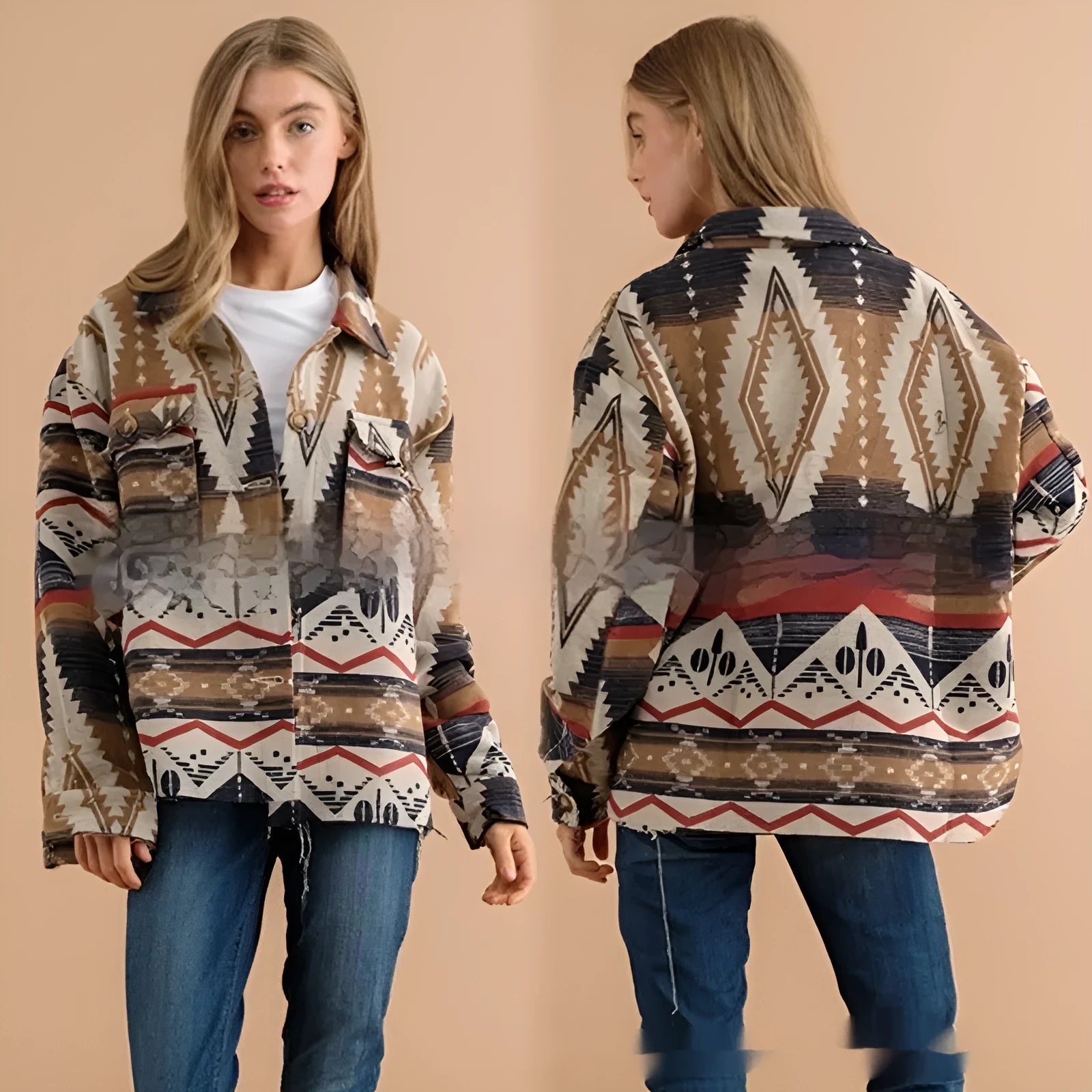 Women's loose-fit retro jacket with Aztec print in Army Green, made from wool blend fabric.