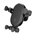 Black gravity car phone holder with 360-degree rotation ball joint mounted on a car air vent.