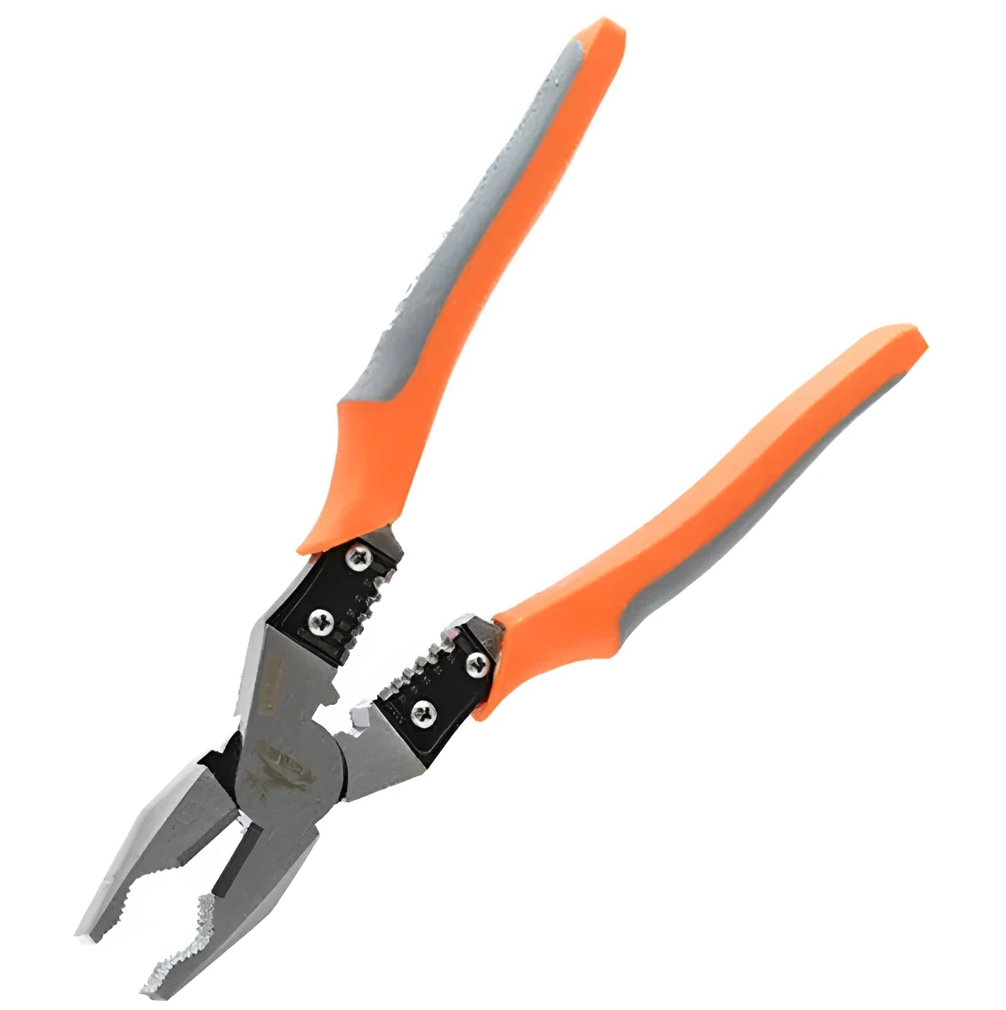 Orange 9-inch multi-function wire cutter pliers with chrome steel crimping head and textured PVC handles.