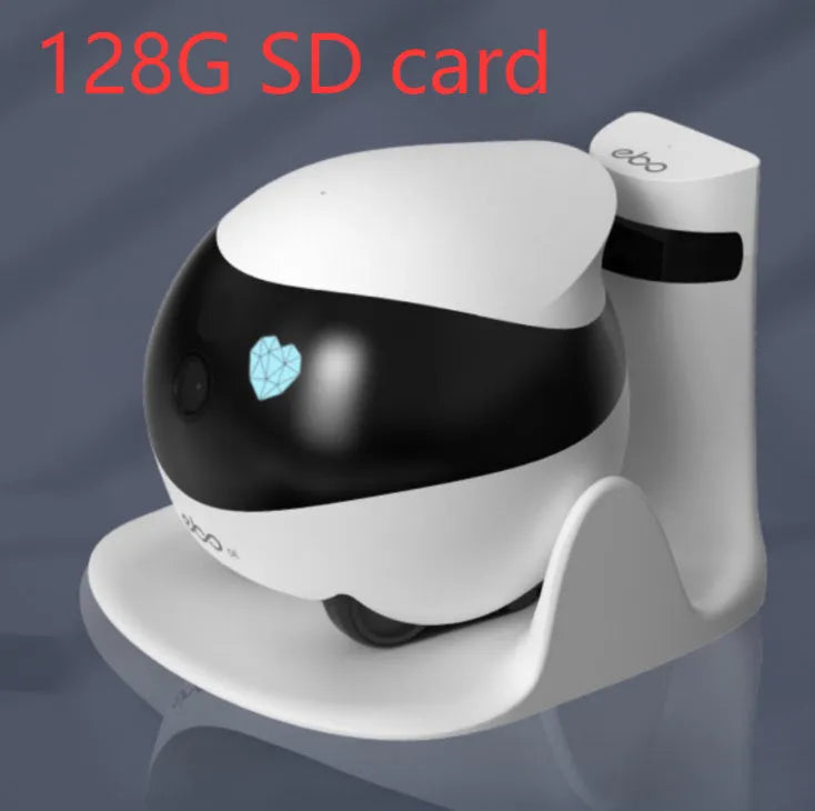 White smart home mobile surveillance robot camera with automatic docking station