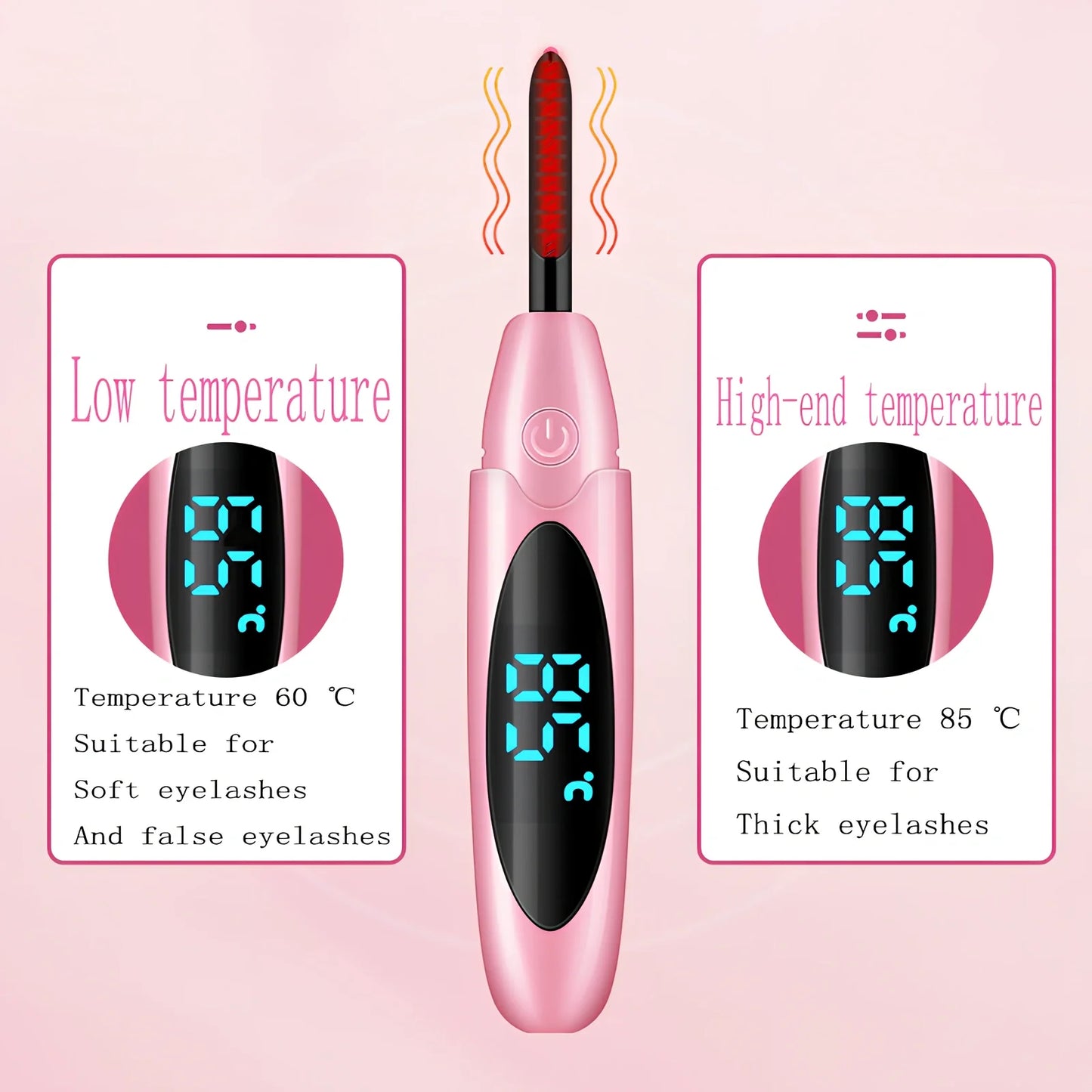 Pink USB-charged electric eyelash curler with curved brush head and LED indicator
