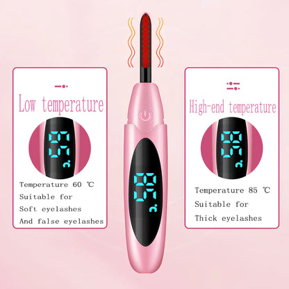 Pink USB-charged electric eyelash curler with curved brush head and LED indicator