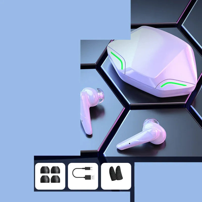 Wireless gaming earbuds with compact charging case in black, shown with interchangeable silicone ear caps.