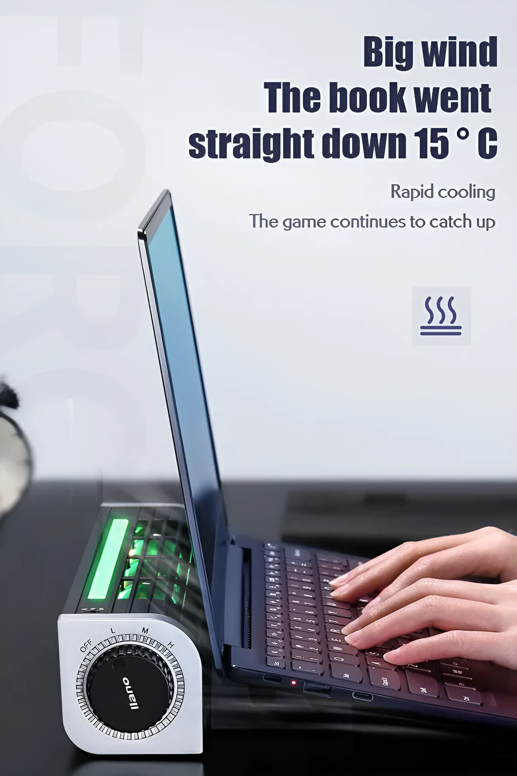 Black USB-powered laptop cooling pad with fan, shown with optional support stand.