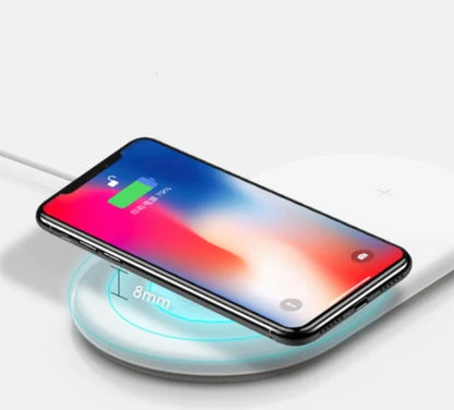White 3-in-1 wireless charger station with Micro USB port and charging indicator