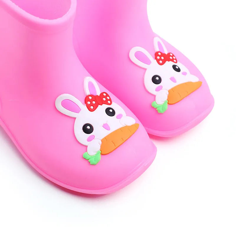 Children's short non-slip waterproof PVC rain boots in cartoon colours, yellow pink and blue options