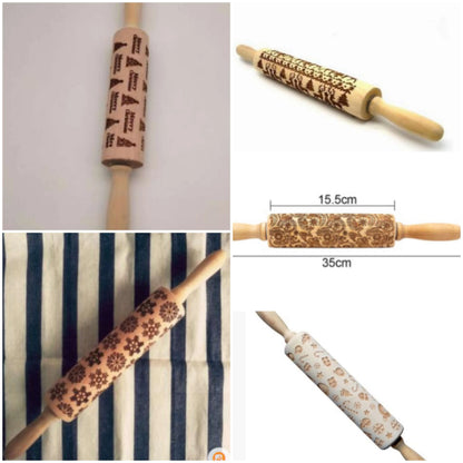 Wooden Christmas embossing rolling pin with non-stick surface for festive baking