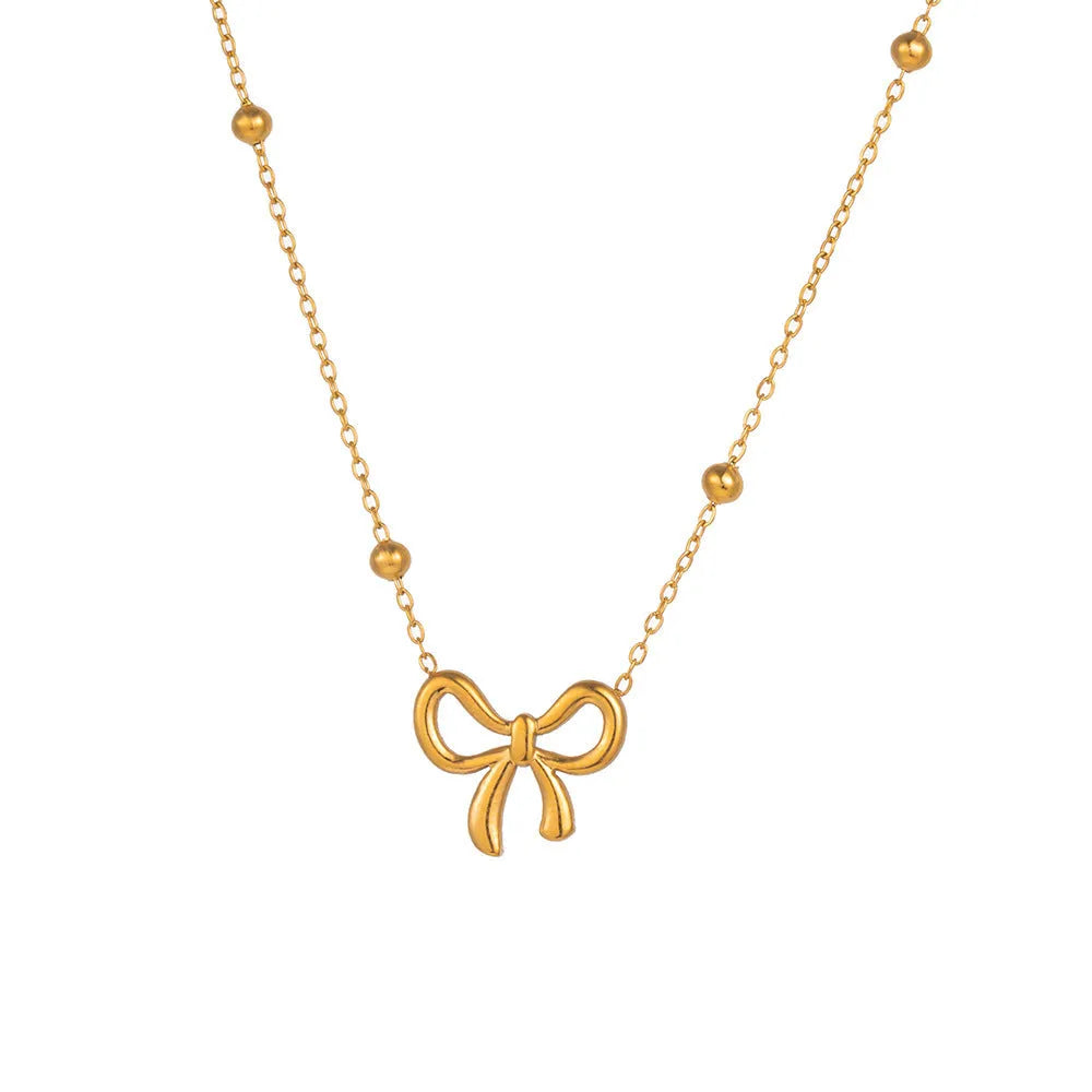 Gold bow necklace with titanium steel cross chain, adjustable length 41-50cm