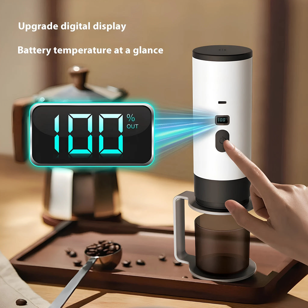 Portable capsule coffee machine in champagne colour with LCD display and wireless heating for travel use