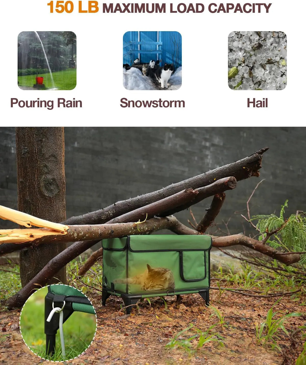 Green foldable cloth cat cage shown in an outdoor setting, available in S, M, and L sizes.