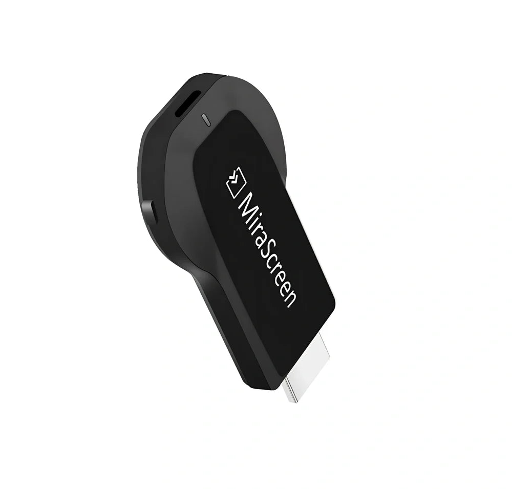 Compact 1080p wireless HDMI dongle in black, 6cm long with USB cable for TV streaming