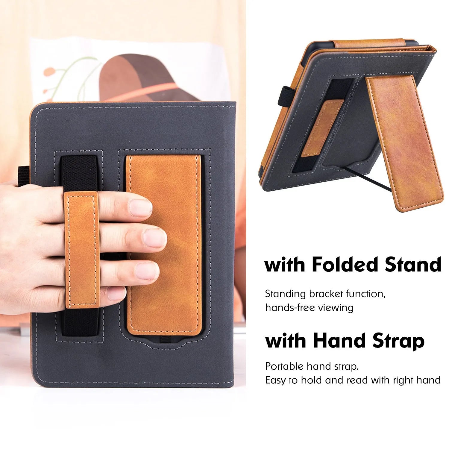 Brown leather Kindle Paperwhite 11 case with wrist strap bracket and microfiber interior