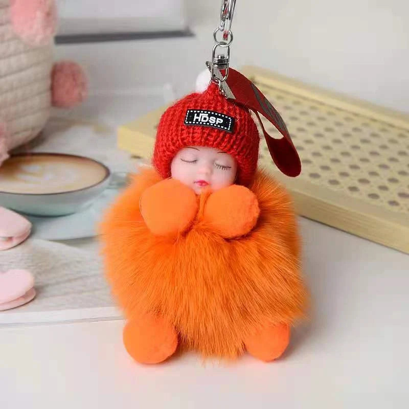 Hand-woven fox fur sleeping doll plush keychain pendant with or without bow