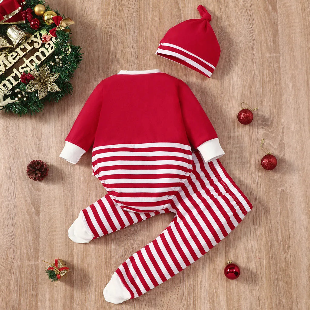 Baby Christmas elk striped hat set 3-piece green red cotton long sleeve top trousers and hat