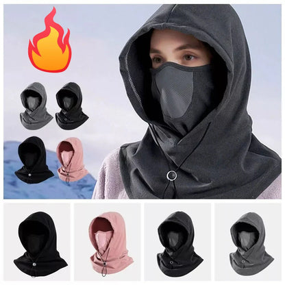 Versatile thermal fleece scarf in various colors, including black, dark gray, light gray, and pink, with adjustable drawstring and transformable design