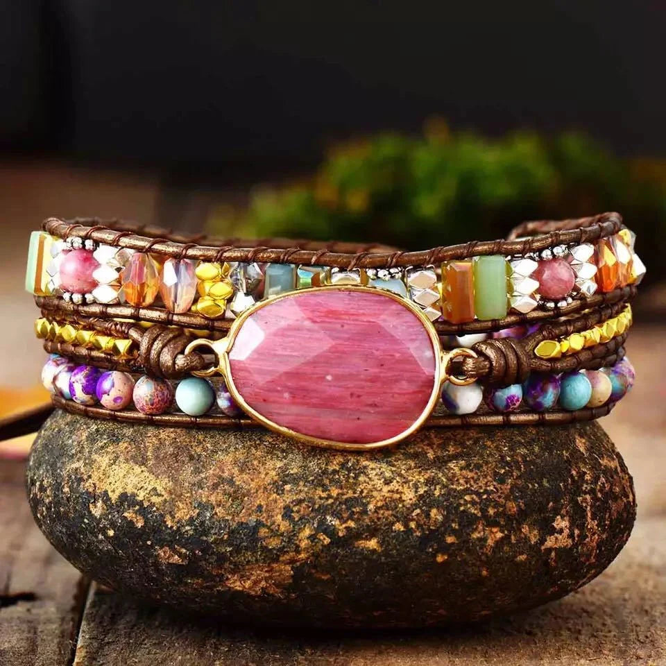Ethnic Style Red Wood Grain Leather Rope Crystal Bracelet with semi-precious stones