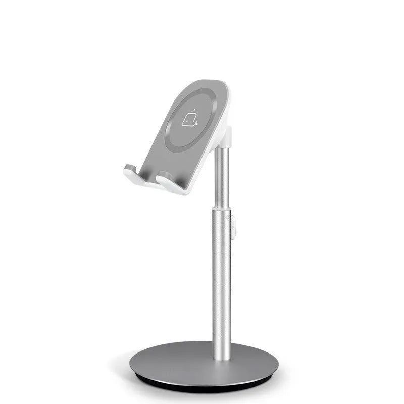Silver metal computer phone holder on desktop with tablet showing 3-11 inch compatibility