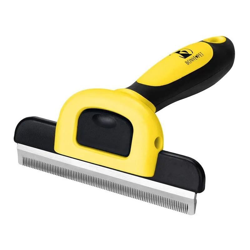 Yellow and blue plastic dog grooming comb with stainless steel teeth for hair removal
