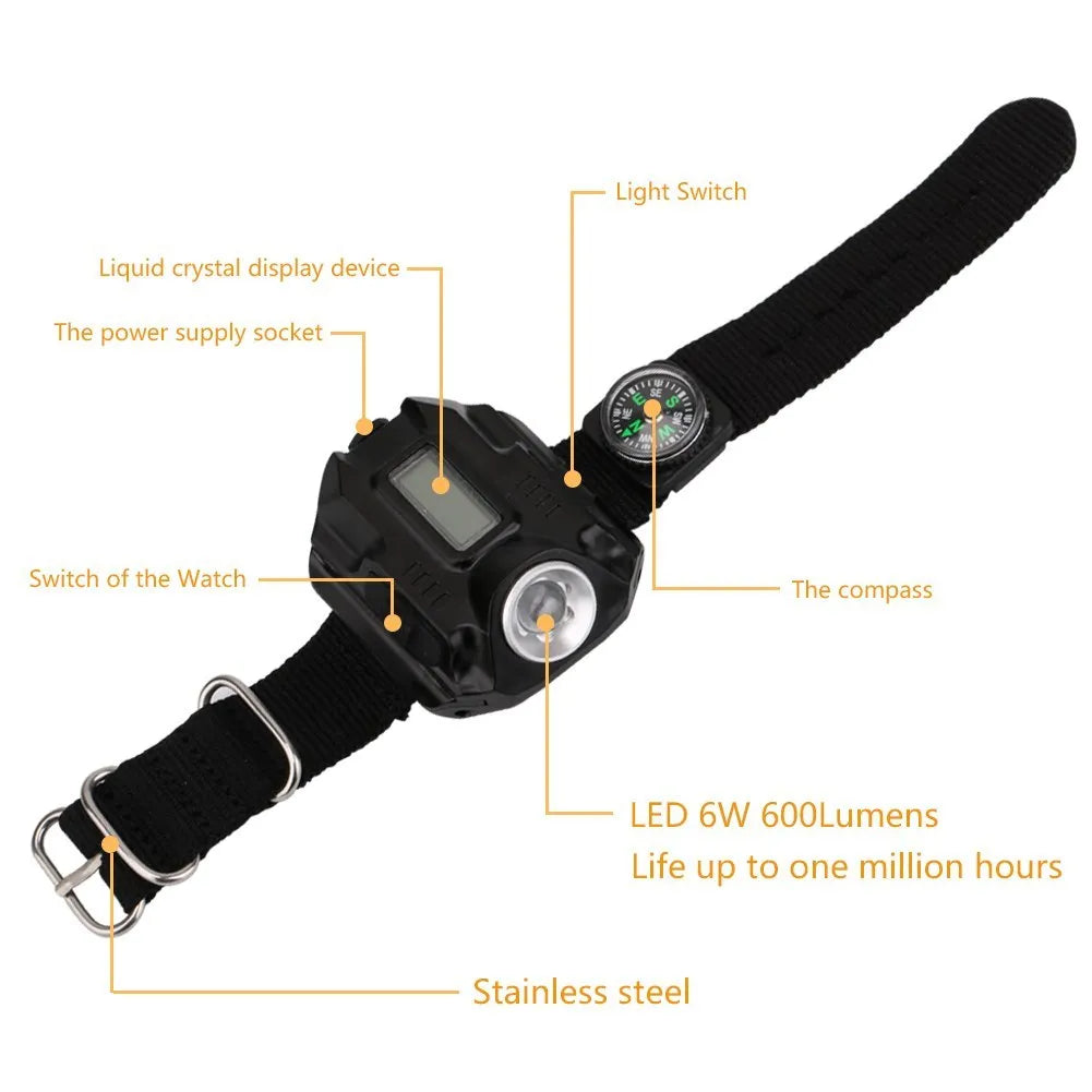 Black LED watch flashlight with time display and compass on wristband for outdoor use