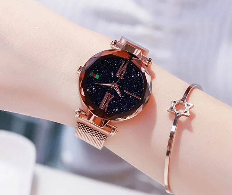 Starry Sky women's watch with magnetic mesh strap, alloy case, and glass surface, 34mm diameter