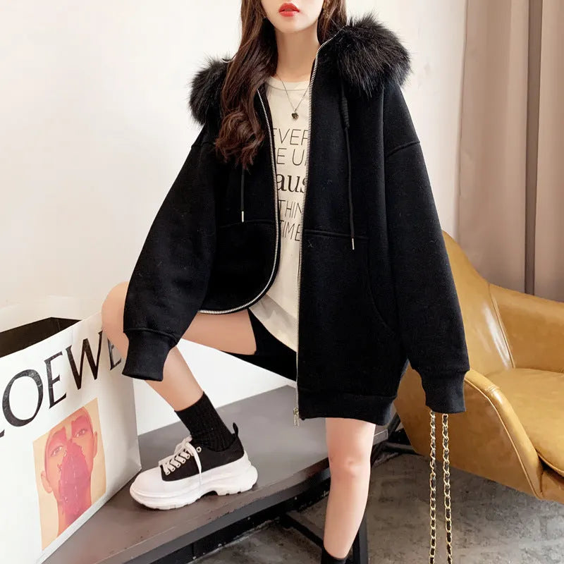 Plus size fleece-lined hooded cardigan sweater in black, loose fit with long sleeves