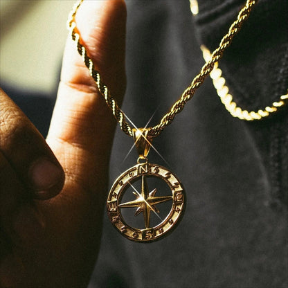 Stainless steel compass circular necklace with electroplated finish in gold and steel options