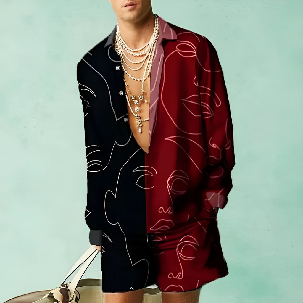 Men's slim fit long sleeve shirt and matching shorts casual summer set in polyester.