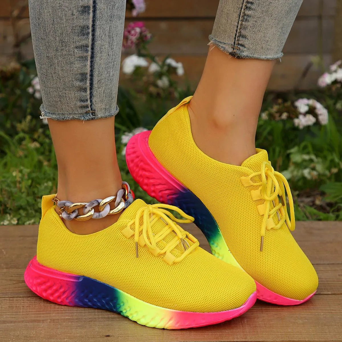 Women's plus size rainbow low stretch pumps in white with round toe flat heel and front lace-up closure