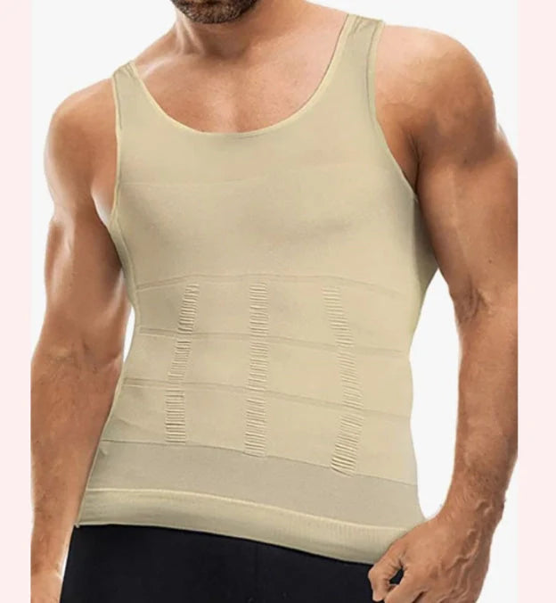 Men's black and white tummy shaping vest with U-neck design