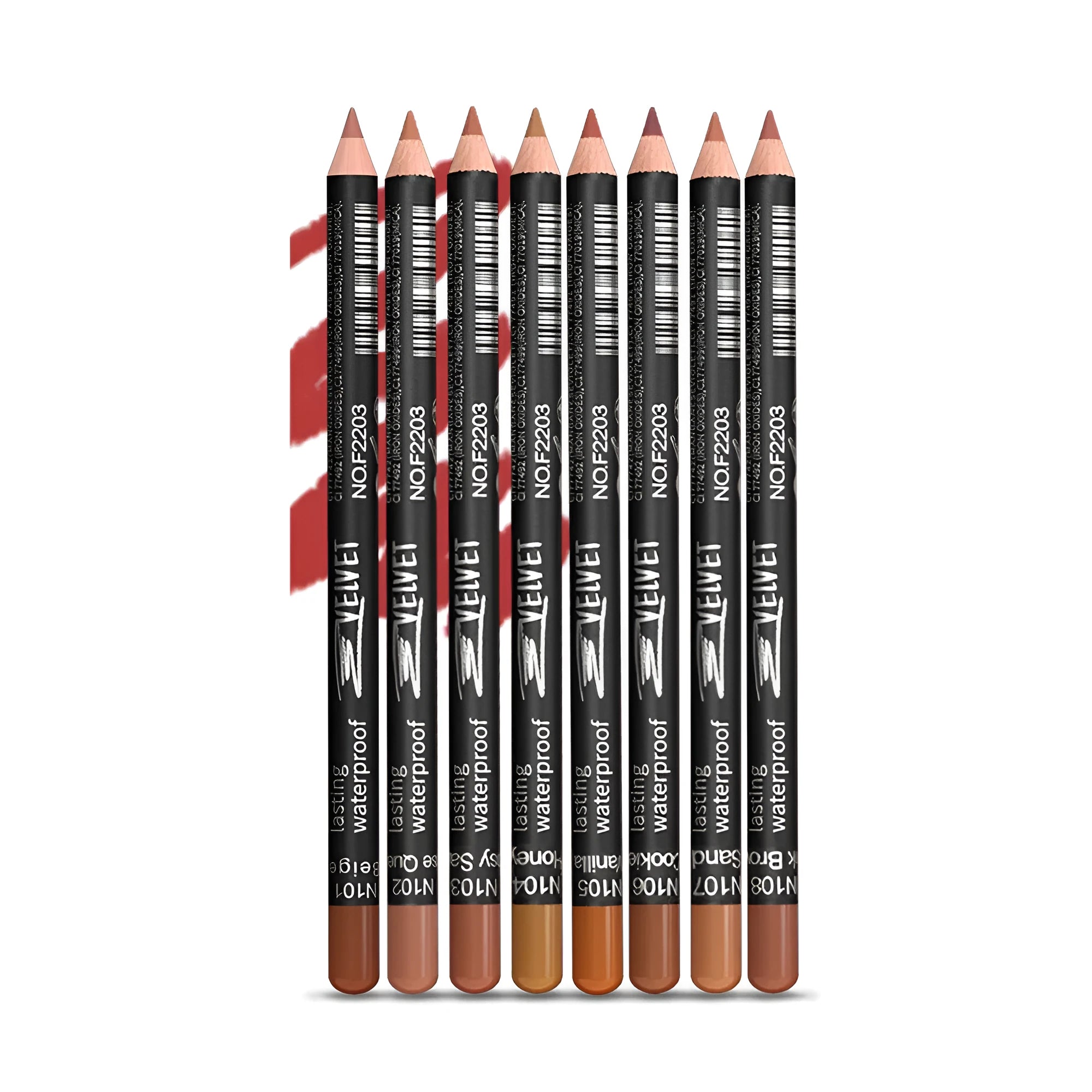 Wood lip liner pencil in matte finish showing shade range from 201 to 214, waterproof and transfer-resistant