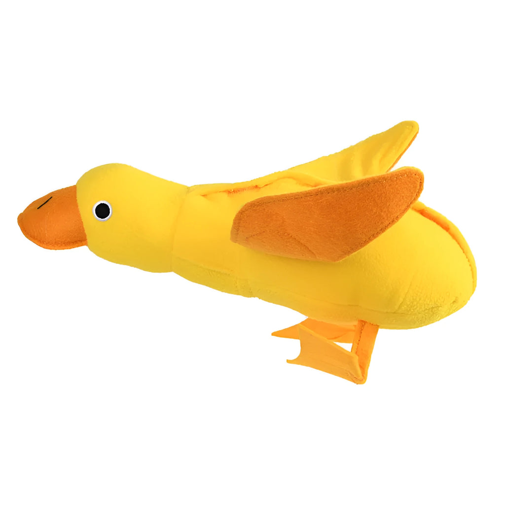 Yellow teddy dog toy with duck doll attachment for training with sounds and food leaks