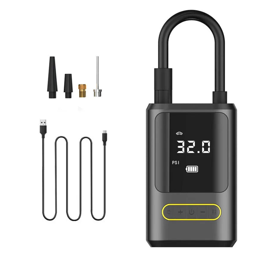 Handheld wireless digital display car tyre inflator with LED light and attached air hose