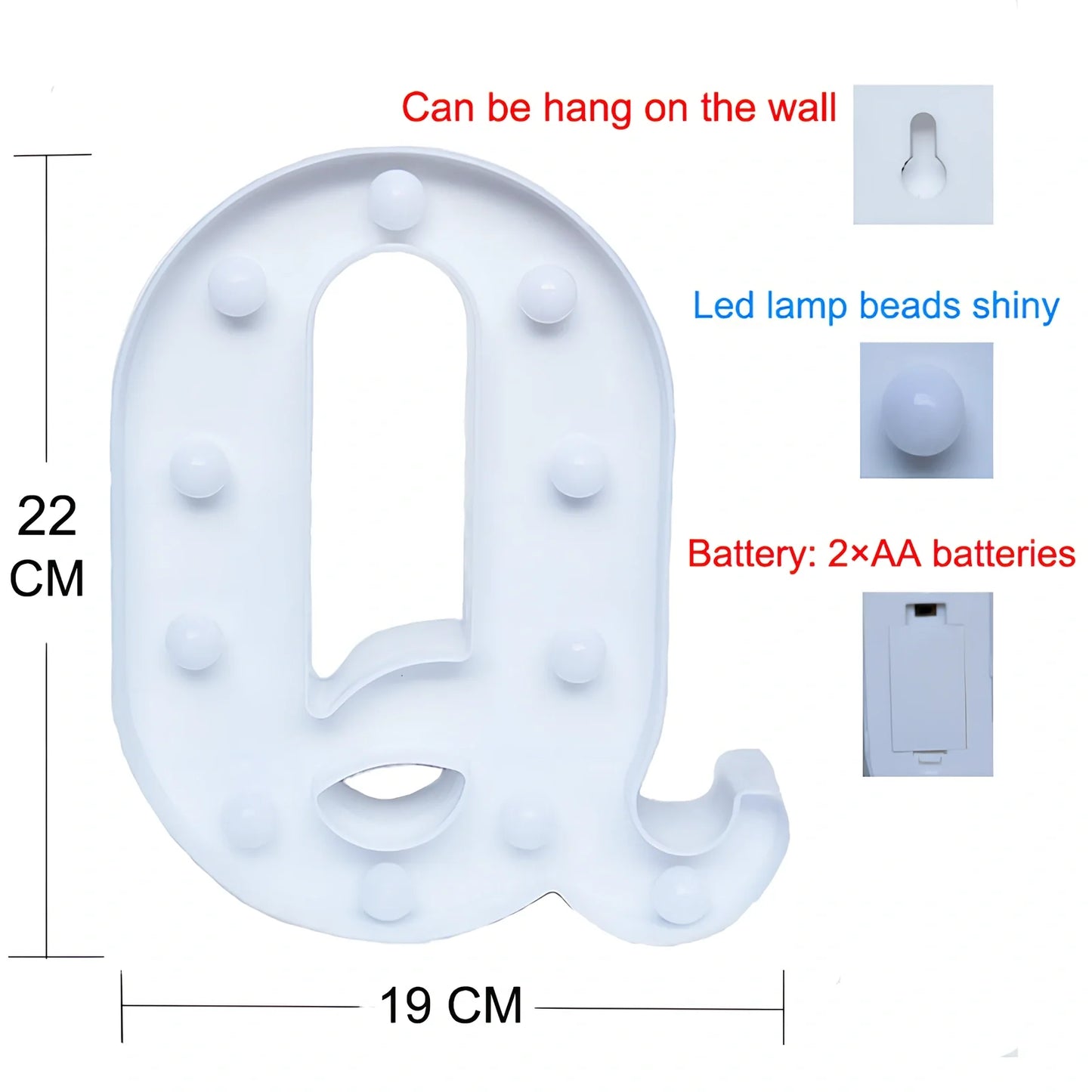 White plastic LED alphabet marquee sign with warm white illumination, 22cm height with battery operation