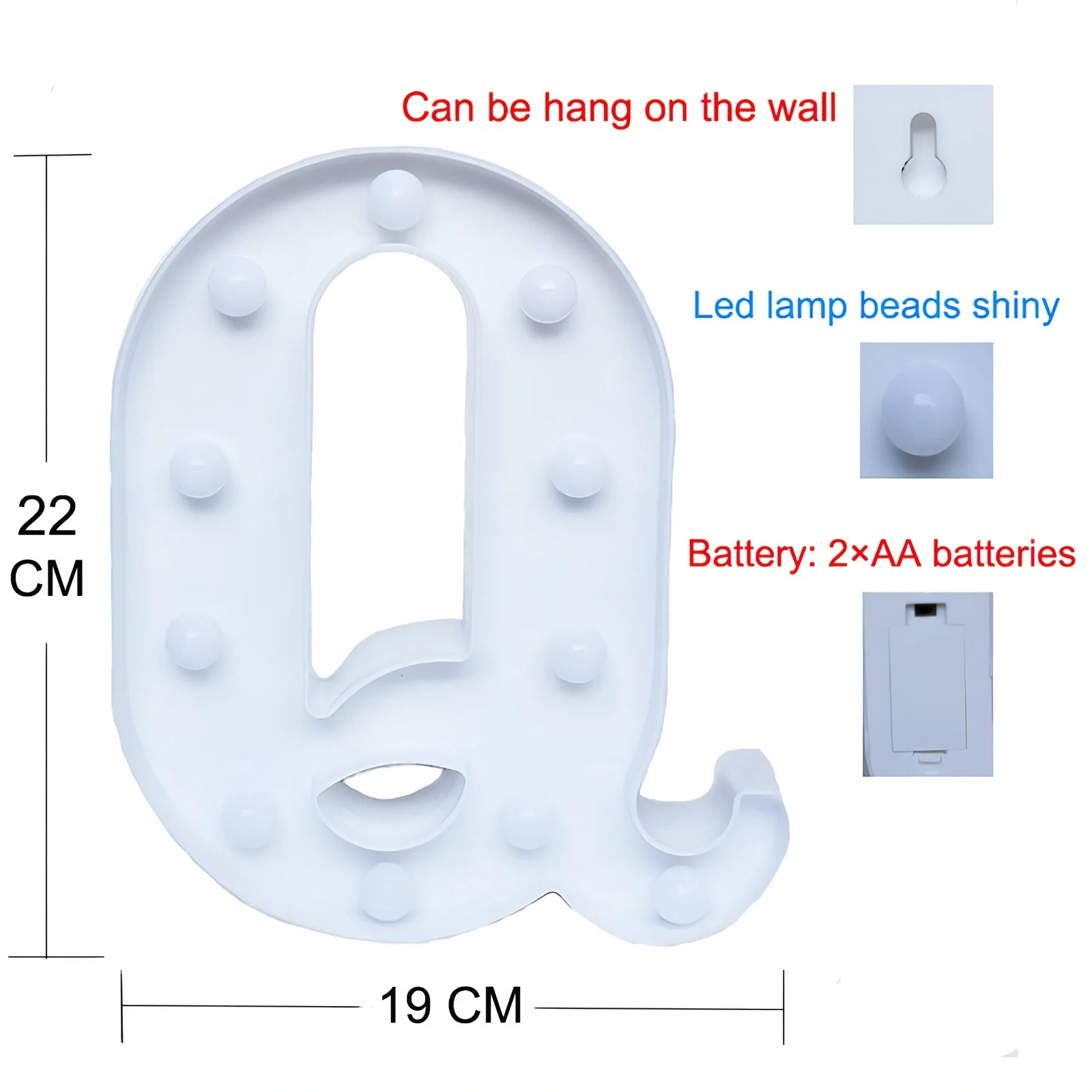 White plastic LED alphabet marquee sign with warm white illumination, 22cm height with battery operation